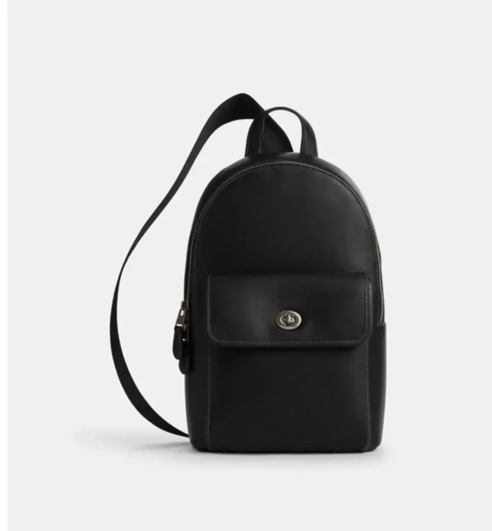 B3-007 Coach Small Turnlock Sling Pack Black Leather Gunmetal Hardware (CAJ72)